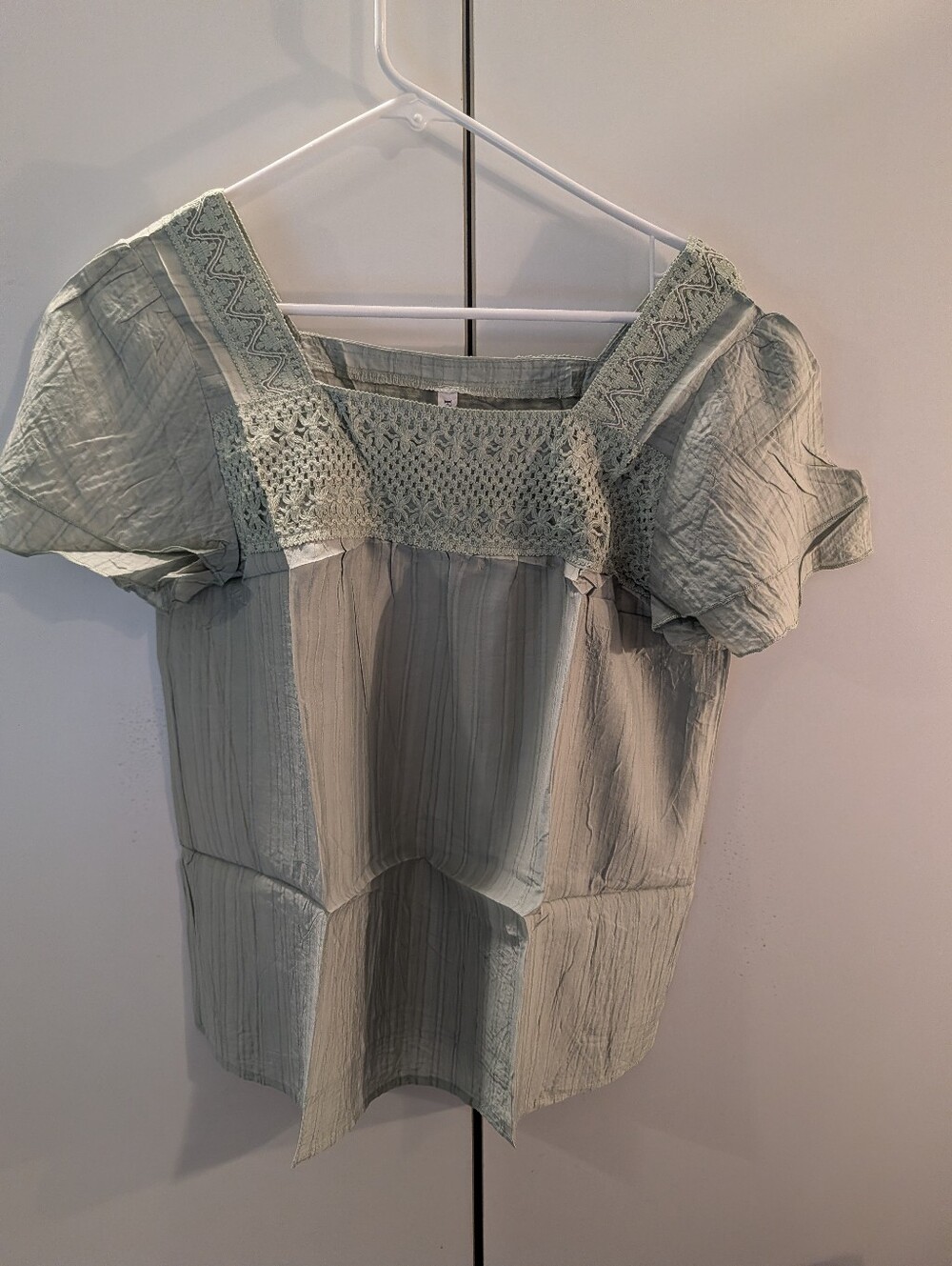 Falechay Women's Large Sage Green Crochet Yoke Square Neck Top NWT